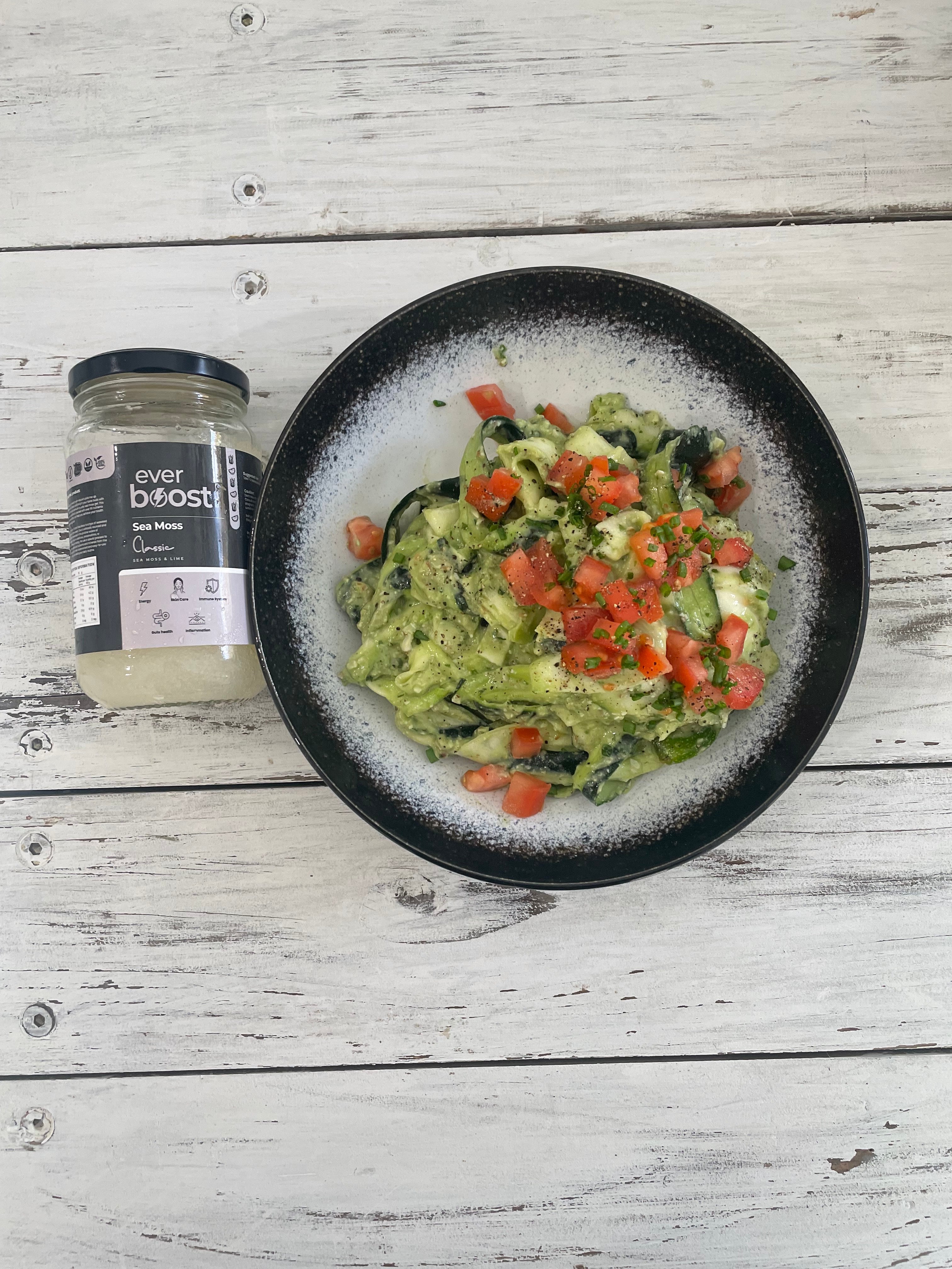 Vegan Zucchini Noodles with Avocado Sauce and Everboost Classic Sea Moss Gel